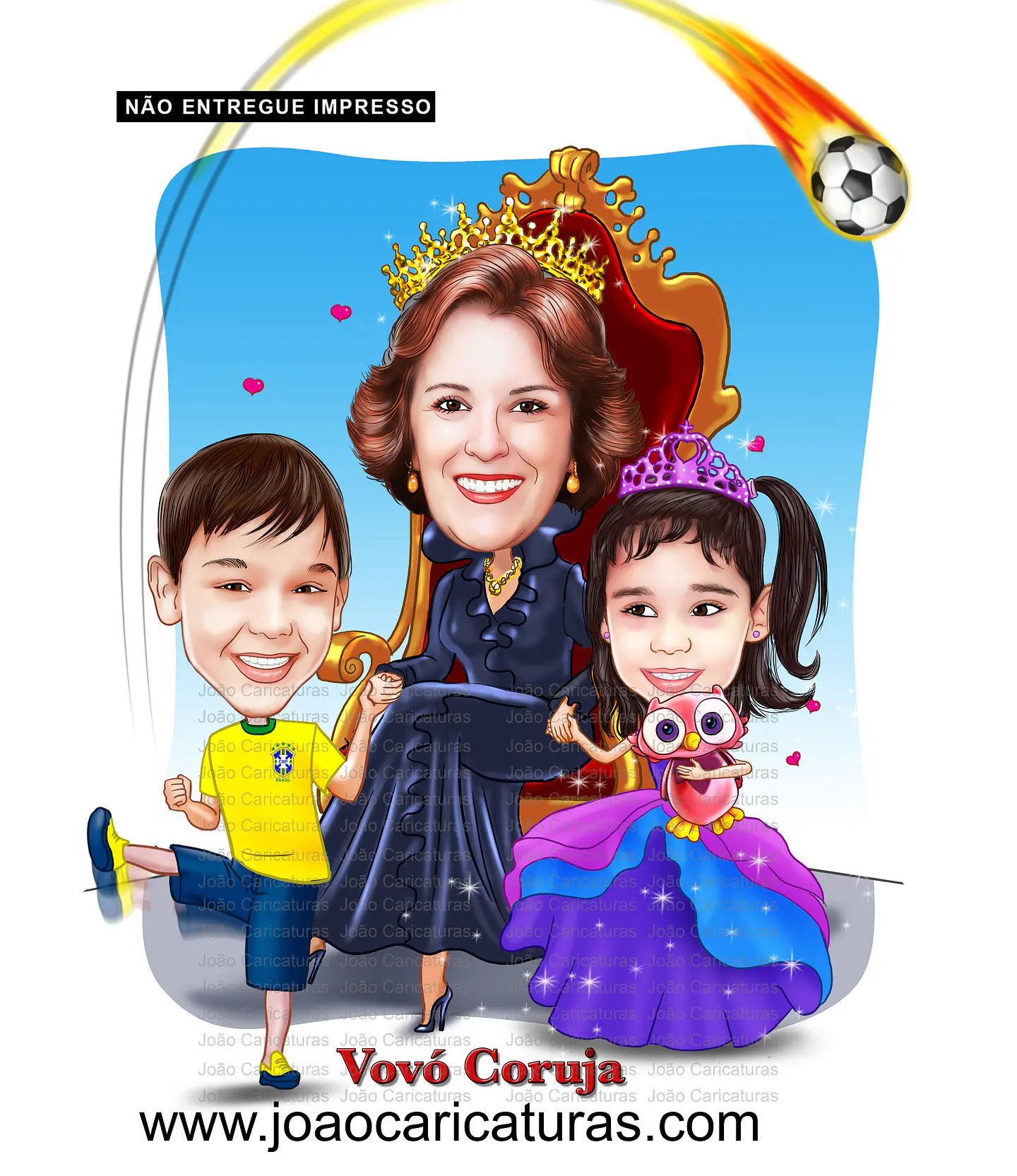 Caricatura, desenho avó, vovó, netos, filhos, rainha, coroada, trono, centenária, sentada, família, realeza, poderosa, fiel, caprichada, idêntica, igual a foto 2