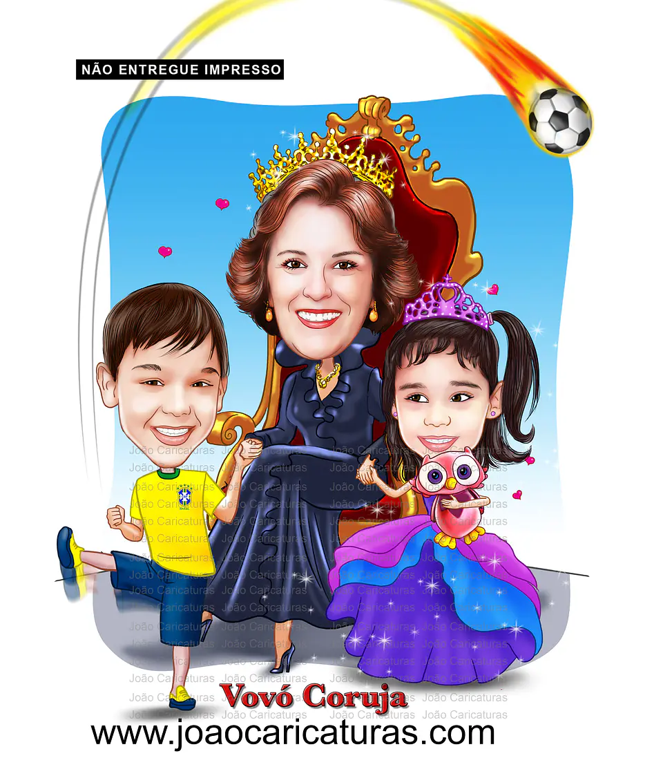 Caricatura, desenho avó, vovó, netos, filhos, rainha, coroada, trono, centenária, sentada, família, realeza, poderosa, fiel, caprichada, idêntica, igual a foto 2