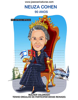 Caricatura, desenho avó, mãe, matriarca, senhora, sra, vovó, netos, filhos, rainha, coroada, trono, centenária, poderosa, sentada, família, realeza, poderosa, fiel, caprichada, idêntica, igual a foto