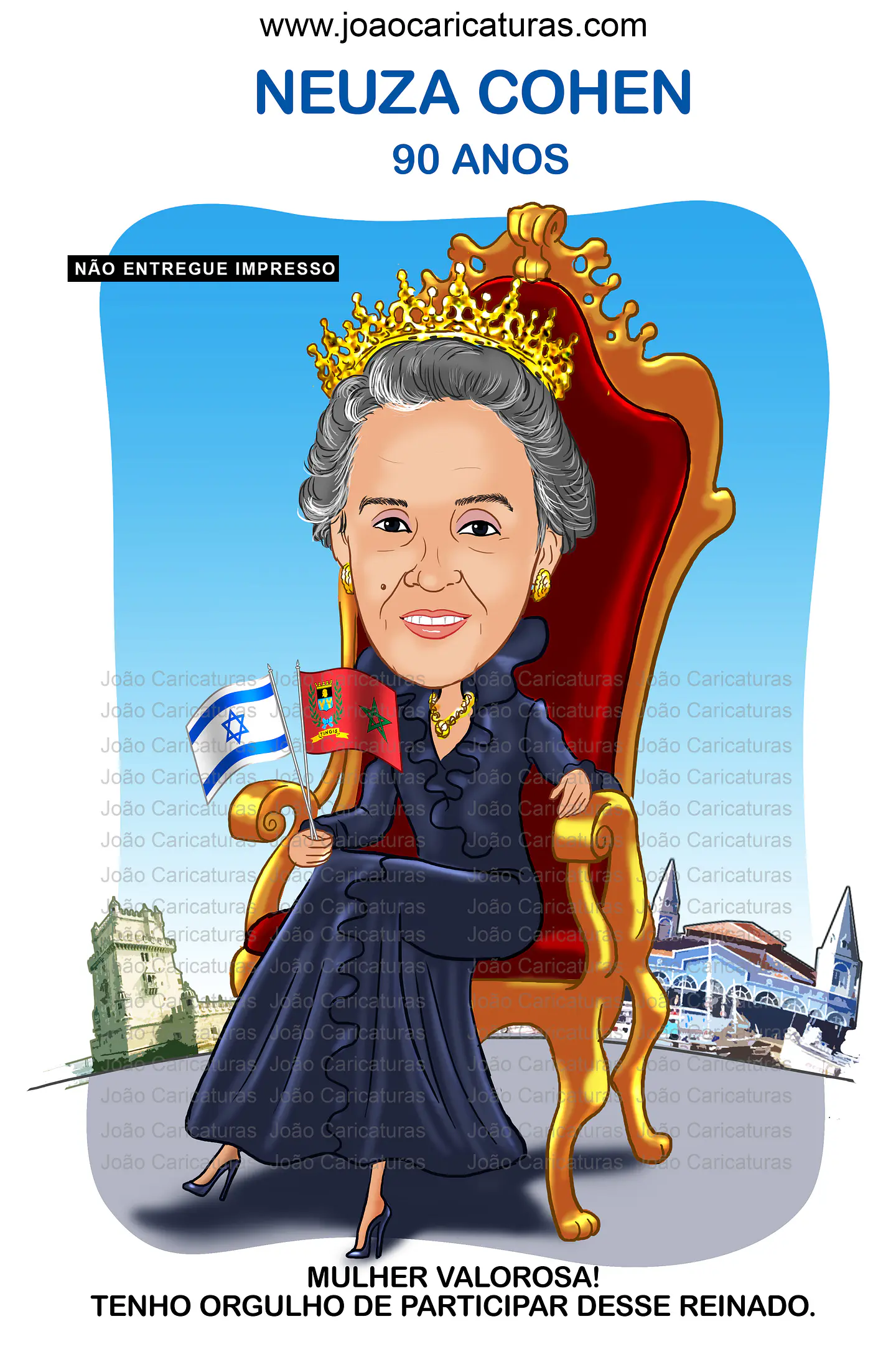 Caricatura, desenho avó, mãe, matriarca, senhora, sra, vovó, netos, filhos, rainha, coroada, trono, centenária, poderosa, sentada, família, realeza, poderosa, fiel, caprichada, idêntica, igual a foto 1