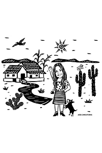 Desenho estilo xilografia, nordestino, estilizado,cordel,1 cor, preto e branco, xilo, caricatura, menina, pessoa, personalizado, sertão, corel, vetorizado, aniversário, ilustração