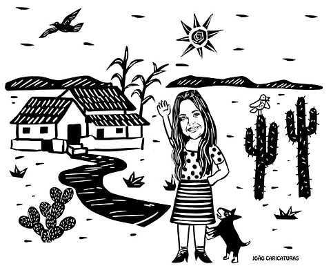 Desenho estilo xilografia, nordestino, estilizado,cordel,1 cor, preto e branco, xilo, caricatura, menina, pessoa, personalizado, sertão, corel, vetorizado, aniversário, ilustração
