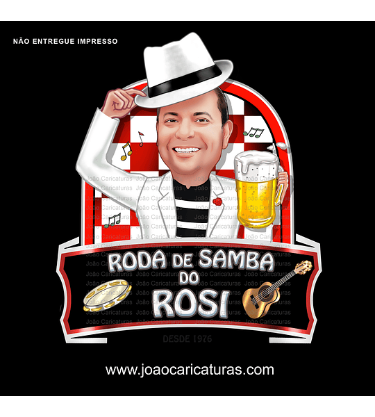 Caricatura desenho aniversariante, boteco, roda de samba, musica, sambista, pandeiro, cavaquinho, caneca, pagode, festa, comemoração, adesivo, rótulo, decoração. personalizada, sambando, bar, botequim