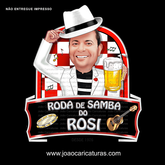 Caricatura desenho aniversariante, boteco, roda de samba, musica, sambista, pandeiro, cavaquinho, caneca, pagode, festa, comemoração, adesivo, rótulo, decoração. personalizada, sambando, bar, botequim