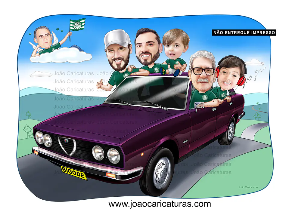 Caricatura digital (preço por pessoa) paisagem, avô, bebê, família, carro, pessoas, dirigindo, novo, cão, pet, filhos, sport, carrão, viajando, unidos, torcedores, palmeiras, pai falecido 1