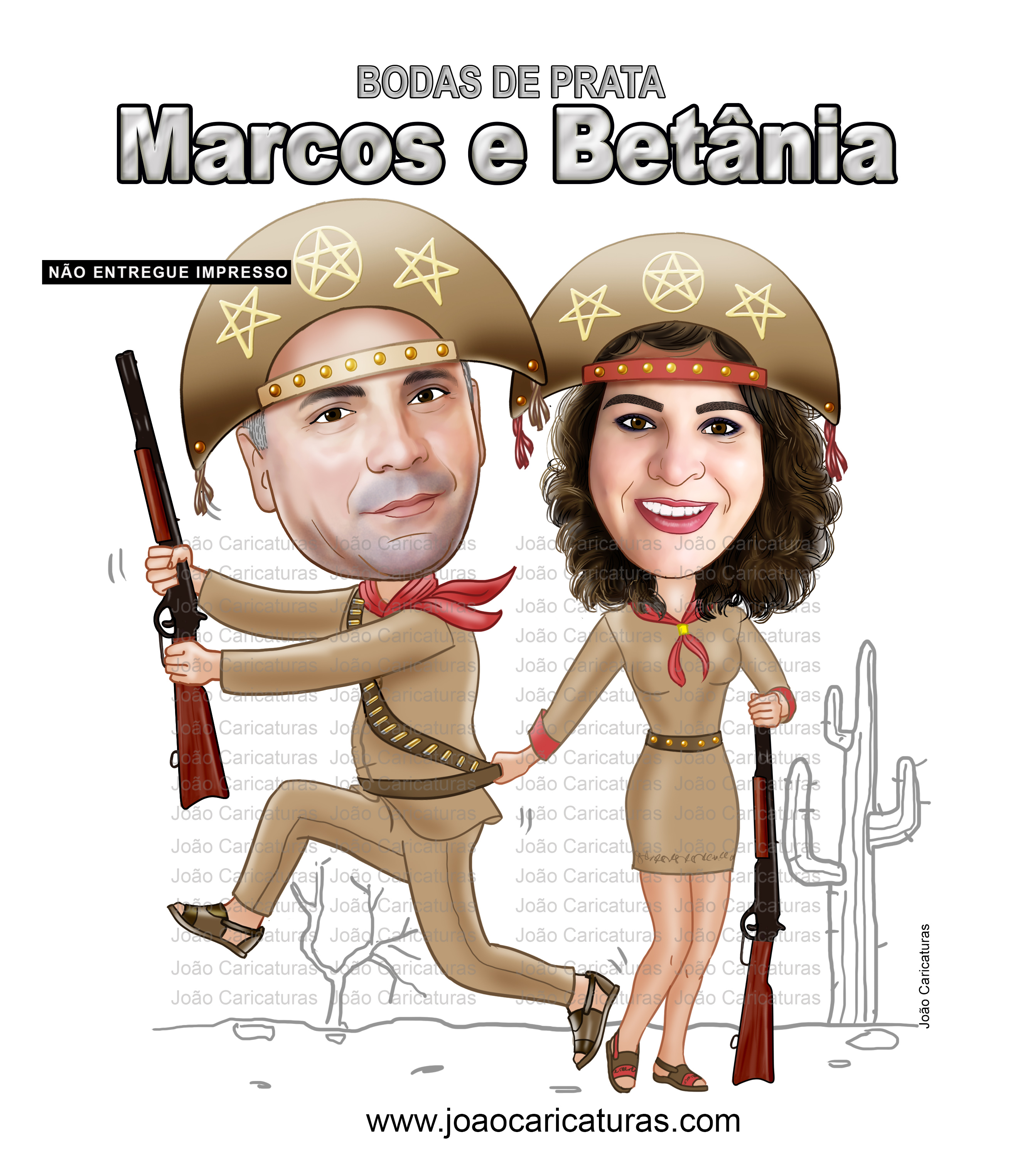 Caricatura casal, bodas,aniversário, casamento, traje nordestino, Maria bonita, Lampião, cangaço, cangaceiro, fantasia, nordeste, típico, nordestino, prendendo noivo, puxando mula jegue burro montado 
