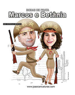 Caricatura casal, bodas,aniversário, casamento, traje nordestino, Maria bonita, Lampião, cangaço, cangaceiro, fantasia, nordeste, típico, nordestino, prendendo noivo, puxando mula jegue burro montado 