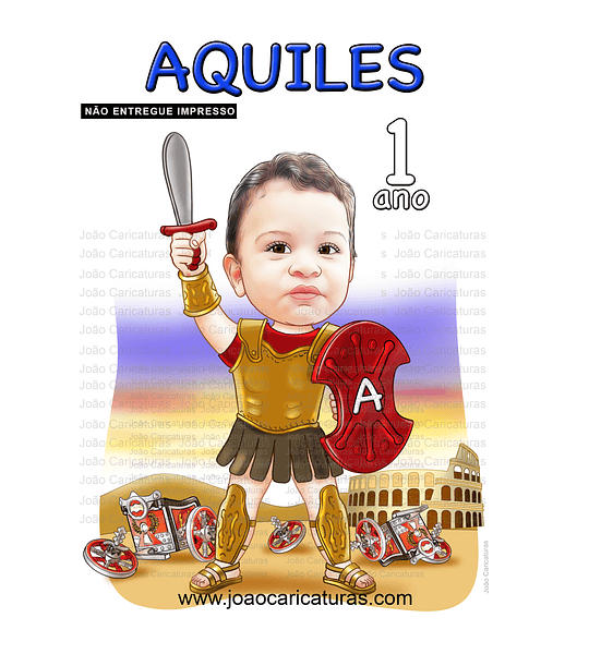 Caricatura bebê, gladiador, Aquiles, maximo, Guerreiro, tròia, 1, 2, 3, 4, 5 anos, Roma, espada, escudo, linda, exatamente igual, criança,menino