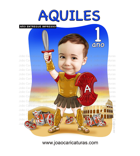 Caricatura bebê, gladiador, Aquiles, maximo, Guerreiro, tròia, 1, 2, 3, 4, 5 anos, Roma, espada, escudo, linda, exatamente igual, criança,menino