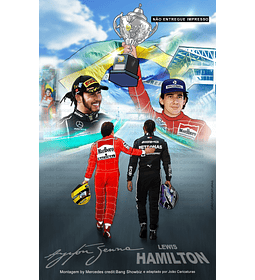 Desenho de Lewis Hamilton e Ayrton Senna Juntos, homenagem, cartaz, ilustração F1, levantando troféu, campeão, ídolo, piloto, carro de corrida, presente para papai para  imprimir , famosos, autódromo
