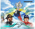 Desenho de Lewis Hamilton e Ayrton Senna Juntos, homenagem, cartaz, ilustração F1, levantando troféu, campeão, ídolo, piloto, carro de corrida, presente para papai para  imprimir , famosos, autódromo