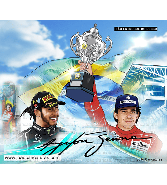 Desenho de Lewis Hamilton e Ayrton Senna Juntos, homenagem, cartaz, ilustração F1, levantando troféu, campeão, ídolo, piloto, carro de corrida, presente para papai para  imprimir , famosos, autódromo