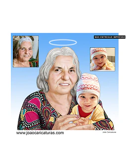 Desenho avó já falecida com neto (preço por pessoa) q não conheceu recordação montagem desenhada unindo juntando fotos no colo feliz mãe filha na mesma ilustração desenho foto antiga