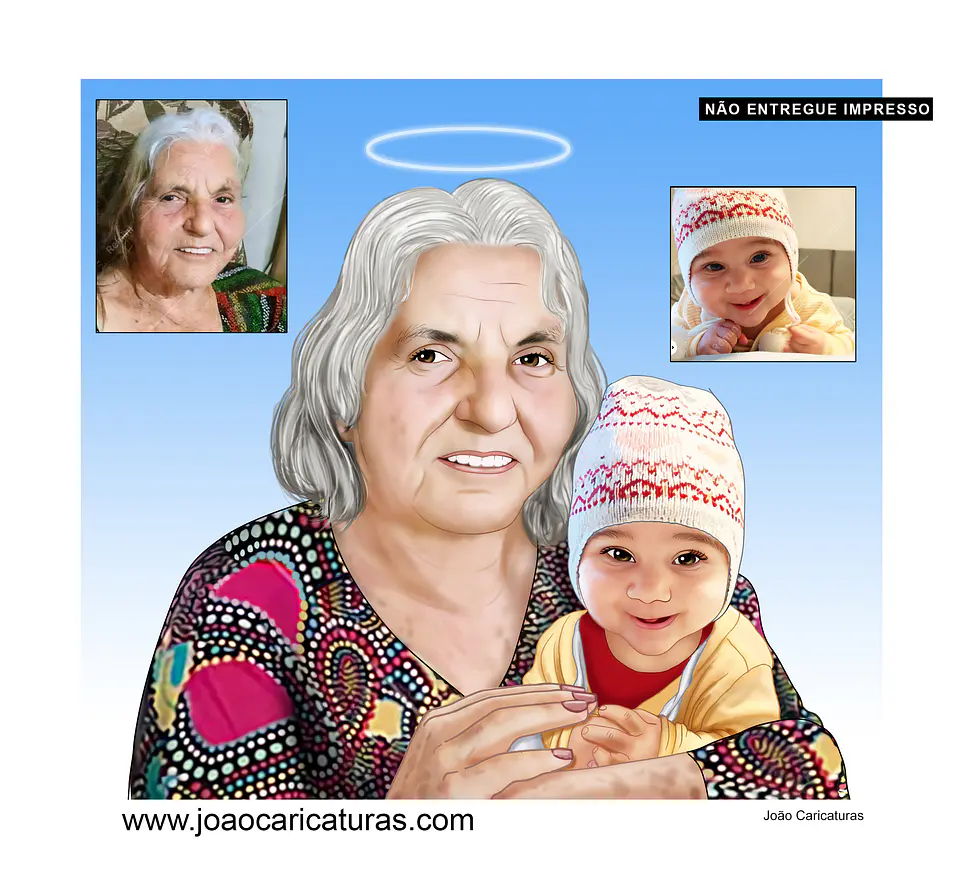 Desenho avó já falecida com neto (preço por pessoa) q não conheceu recordação montagem desenhada unindo juntando fotos no colo feliz mãe filha na mesma ilustração desenho foto antiga 1