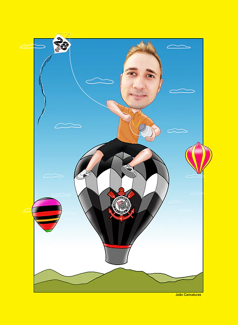 Caricatura aniversário empinado pipa, soltando balão, corinthianos, idade