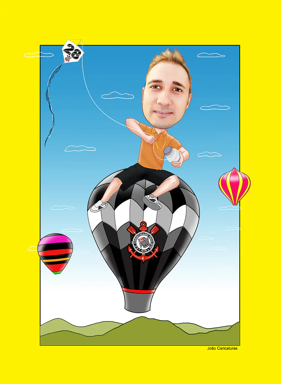 Caricatura aniversário empinado pipa, soltando balão, corinthianos, idade 1