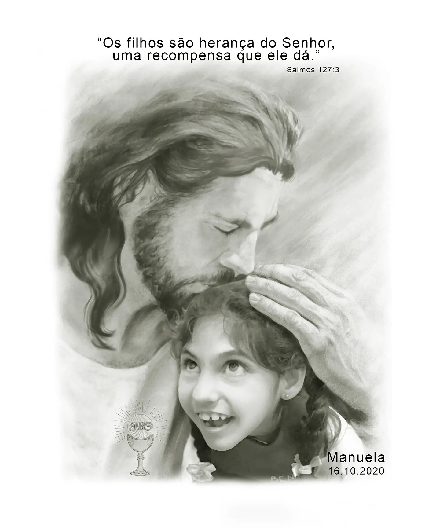 Montagem Primeira Comunhão, Eucaristia, Deus, foto, menina, filho,  Cristo , Jesus, com criança, garota, abraçando, protegendo, memória eterna, nos braços , acolhida 3
