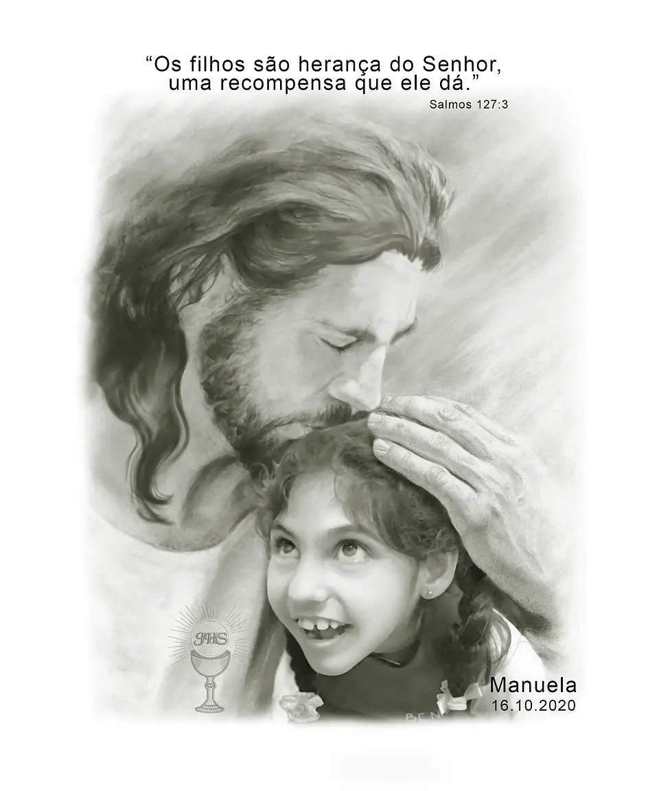 Montagem Primeira Comunhão, Eucaristia, Deus, foto, menina, filho,  Cristo , Jesus, com criança, garota, abraçando, protegendo, memória eterna, nos braços , acolhida 3