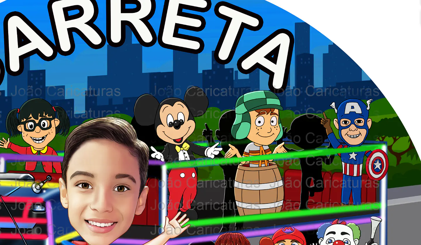 Carreta Furacão desenho caricatura aniversariante painel, personalizada, heróis, aniversário, caminhão, Mickey, Chaves, chiquinha, fofão, Capitão América, Chiquinha, Sonic, Palhaço, caminhão 3