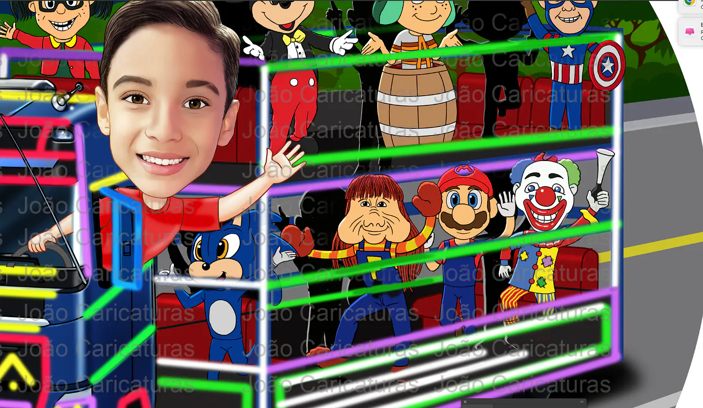 Carreta Furacão desenho caricatura aniversariante painel, personalizada, heróis, aniversário, caminhão, Mickey, Chaves, chiquinha, fofão, Capitão América, Chiquinha, Sonic, Palhaço, caminhão 4