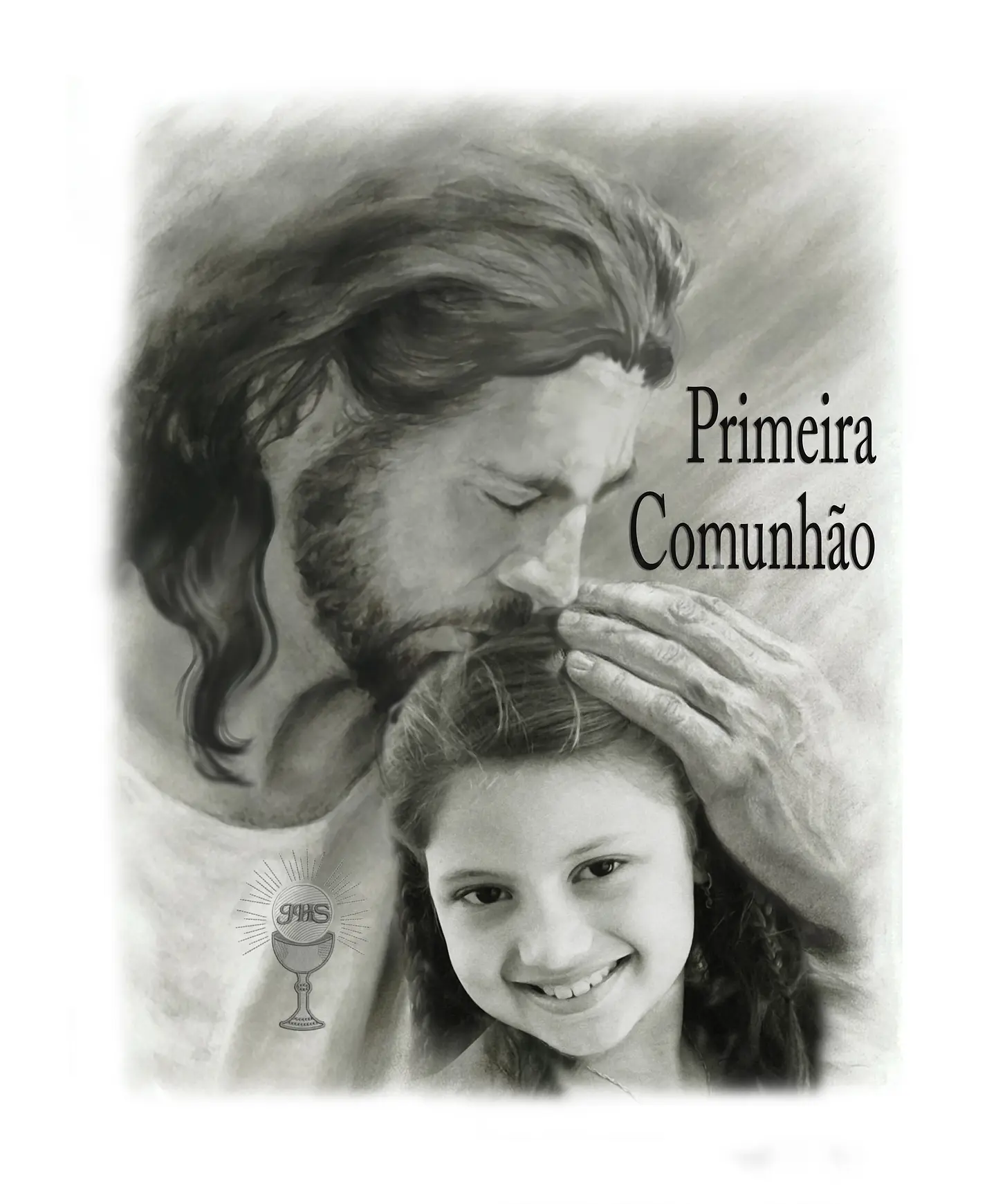 Montagem Primeira Comunhão, Eucaristia, Deus, foto, menina, filho,  Cristo , Jesus, com criança, garota, abraçando, protegendo, memória eterna, nos braços , acolhida 1