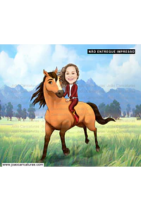 Caricatura do desenho animado Lucky e Spirit ou mesmo menino no cavalo comum personalizada com a sua foto menina ou menino cavalgando cavalo aniversário decoração para banner + 1m