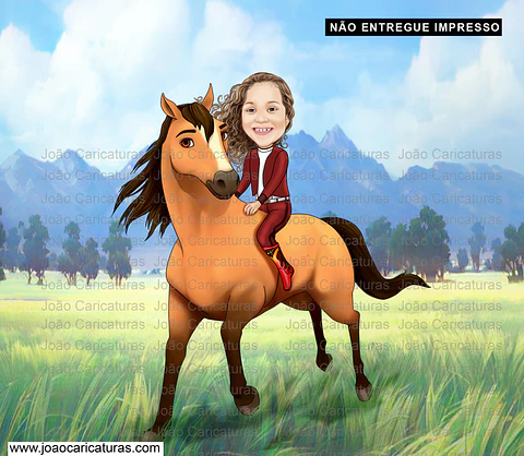 Caricatura do desenho animado Lucky e Spirit ou mesmo menino no cavalo comum personalizada com a sua foto menina ou menino cavalgando cavalo aniversário decoração para banner + 1m