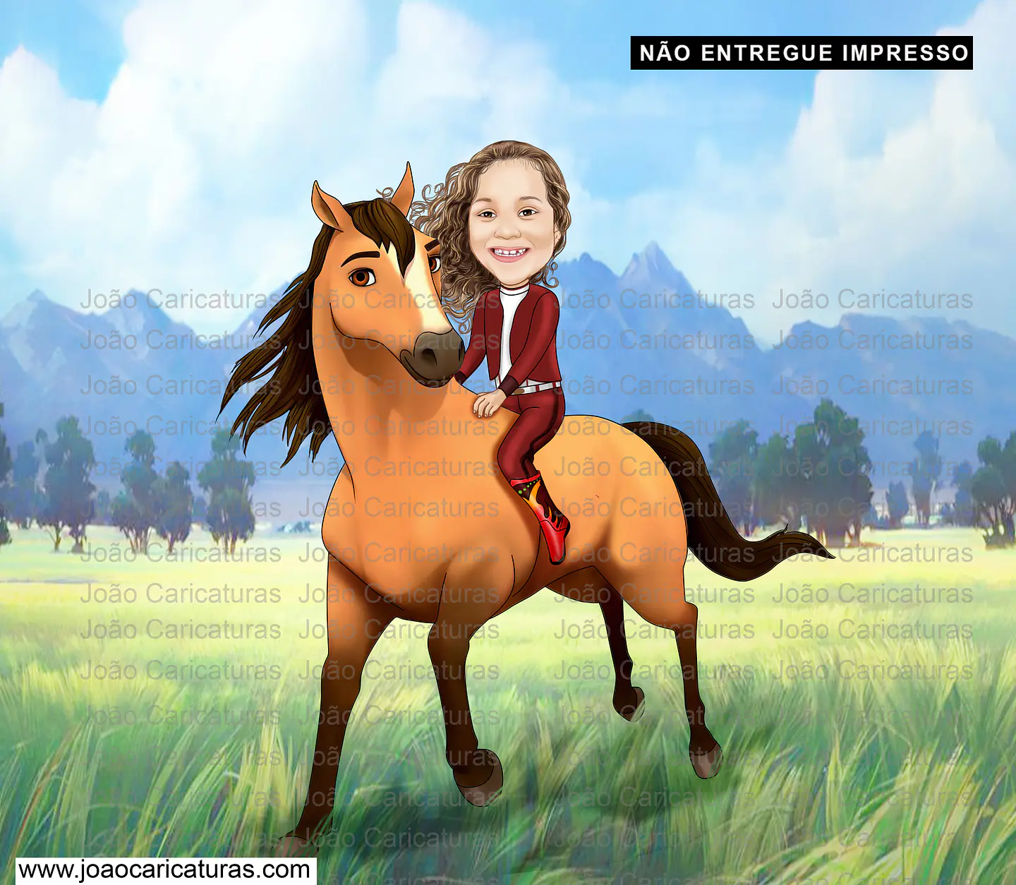 Caricatura do desenho animado Lucky e Spirit ou mesmo menino no cavalo comum personalizada com a sua foto menina ou menino cavalgando cavalo aniversário decoração para banner + 1m 2