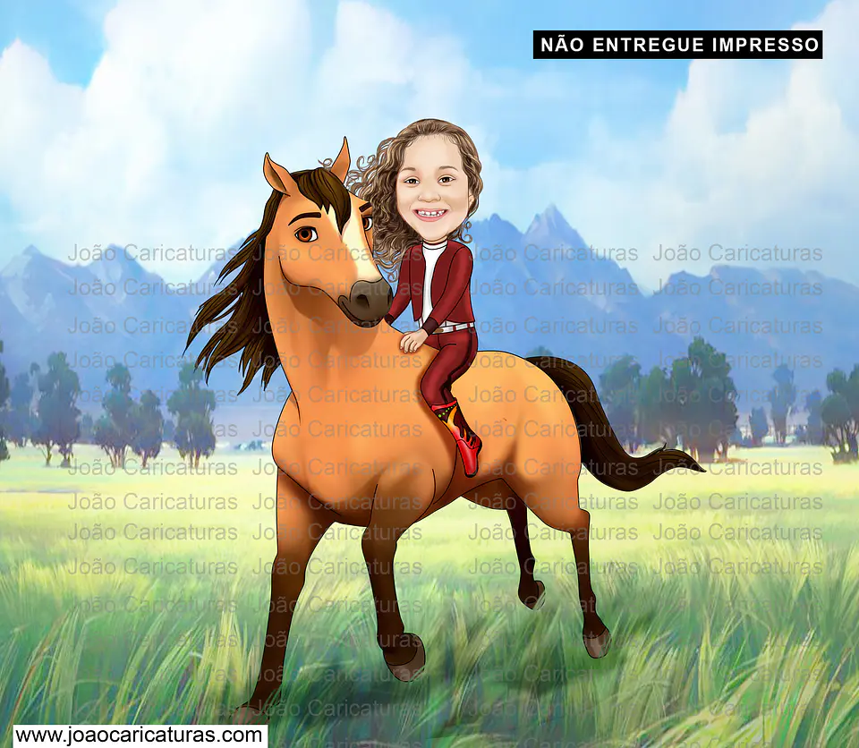 Caricatura do desenho animado Lucky e Spirit ou mesmo menino no cavalo comum personalizada com a sua foto menina ou menino cavalgando cavalo aniversário decoração para banner + 1m 2