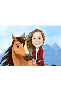 Caricatura do desenho animado Lucky e Spirit ou mesmo menino no cavalo comum personalizada com a sua foto menina ou menino cavalgando cavalo aniversário decoração para banner + 1m