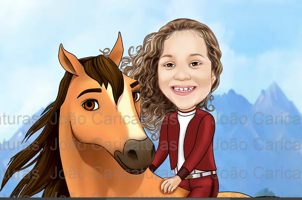 Caricatura do desenho animado Lucky e Spirit ou mesmo menino no cavalo comum personalizada com a sua foto menina ou menino cavalgando cavalo aniversário decoração para banner + 1m 3