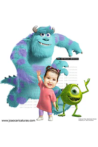 Caricatura personalizada adaptando personagens Sullivan  Mike e Boo de monstros SA para banner aniversário no tamanho 1m