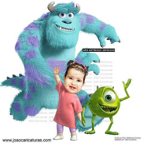 Caricatura personalizada adaptando personagens Sullivan  Mike e Boo de monstros SA para banner aniversário no tamanho 1m