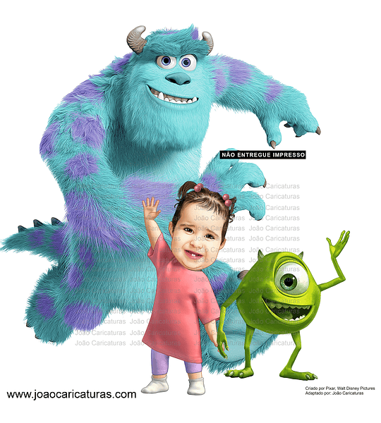 Caricatura personalizada adaptando personagens Sullivan  Mike e Boo de monstros SA para banner aniversário no tamanho 1m