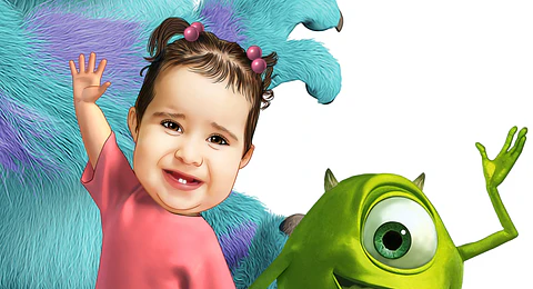 Caricatura personalizada adaptando personagens Sullivan  Mike e Boo de monstros SA para banner aniversário no tamanho 1m