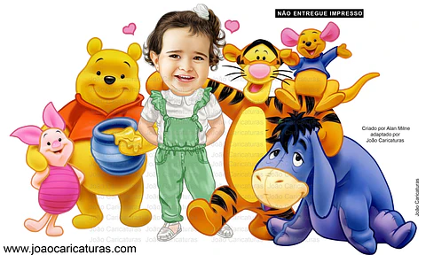 Caricatura menina abraçada a personagens "Winnie the Pooh and friends" ursinho porquinho canguru tigrão mula darby e seus amigos