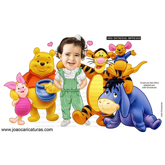 Caricatura menina abraçada a personagens "Winnie the Pooh and friends" ursinho porquinho canguru tigrão mula darby e seus amigos