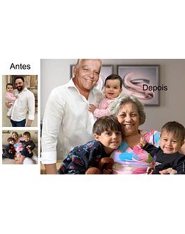 Avô faleceu de covid, mas continua vivo com o neto no colo nesta foto montagem que eu pedi para o João Caricaturas criar, faça uma foto juntando o falecido com a família, é um presente inesquecível