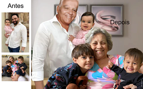 Avô faleceu de covid, mas continua vivo com o neto no colo nesta foto montagem que eu pedi para o João Caricaturas criar, faça uma foto juntando o falecido com a família, é um presente inesquecível
