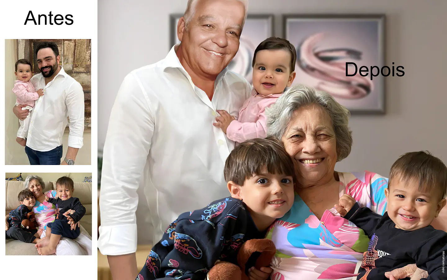 Avô faleceu de covid, mas continua vivo com o neto no colo nesta foto montagem que eu pedi para o João Caricaturas criar, faça uma foto juntando o falecido com a família, é um presente inesquecível 1