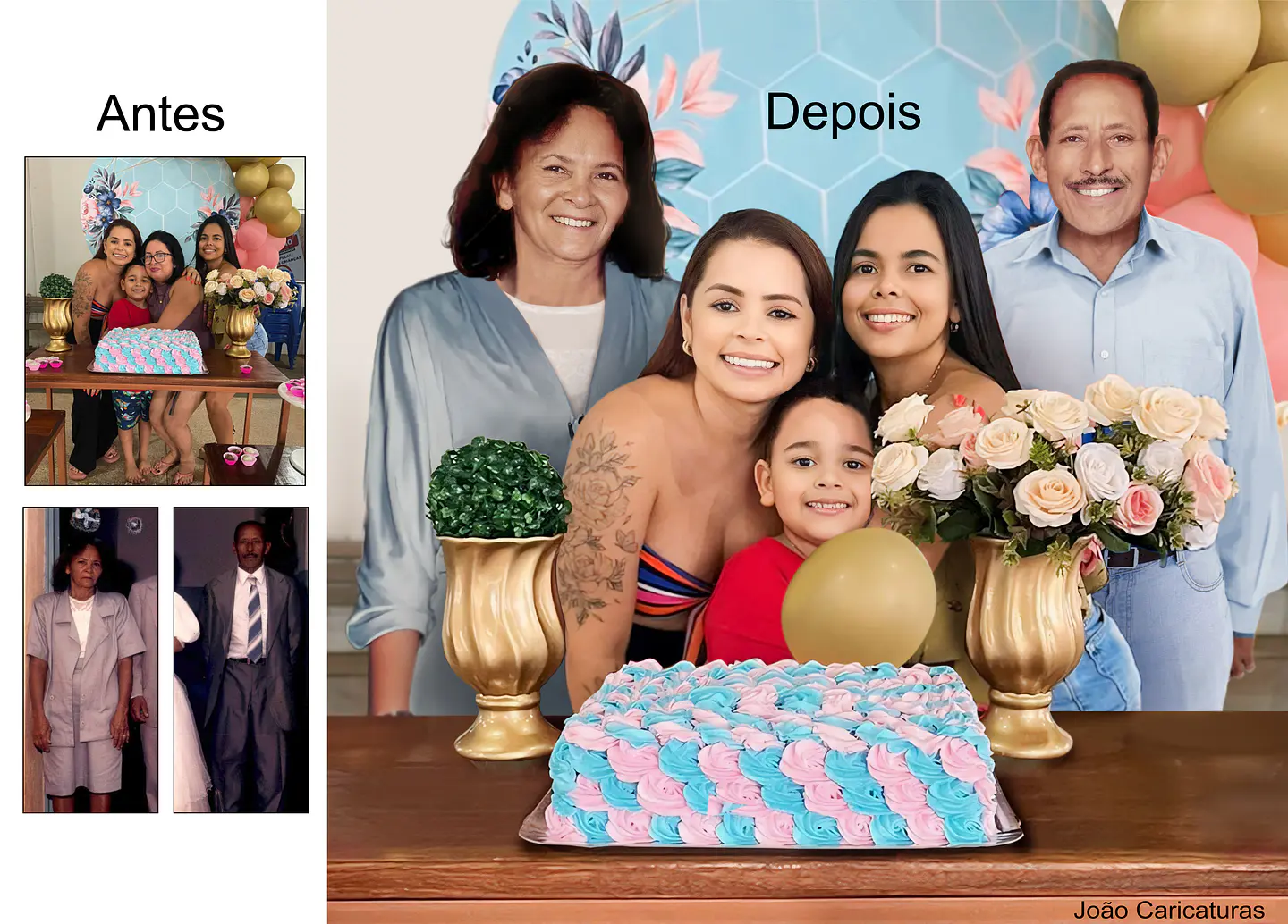 Avô faleceu de covid, mas continua vivo com o neto no colo nesta foto montagem que eu pedi para o João Caricaturas criar, faça uma foto juntando o falecido com a família, é um presente inesquecível 3