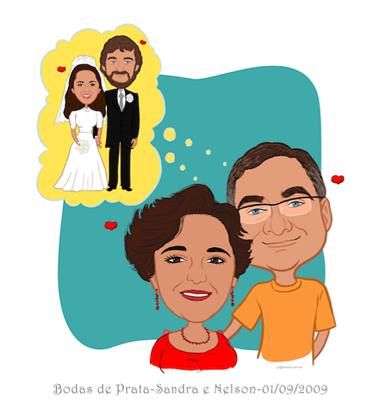 Preço por pessoa" lindo desenho de graciosa caricatura digital dupla de casal juntinhos felizes antes e depois casamento Passado e futuro lembrança recordação casal
