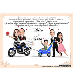 " Preço por pessoa" Convite Família toda caricaturas  digital casamento Família noiva no colo corpão moto bike crianças carrinho motoquinhas velocipide elegantes bem vestidos felizes desenho pessoas
