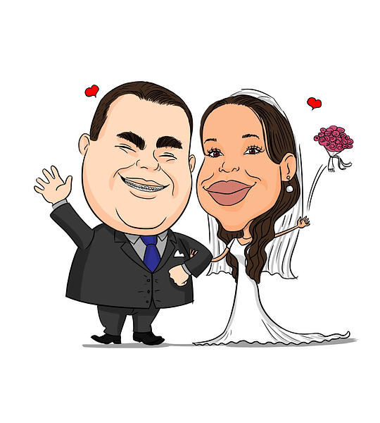 " Preço por pessoa" Caricatura casamento traço com cor digital engraçada  casal puxando gravata amarrado cadeira gordinho com distorção de rosto narizão 
