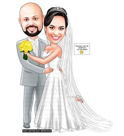 Caricaturas  estilo super detalhada casamento, noiva super linda, vestido , cinturinha de pilão, corpo formato violão, vestido sereia,brincos combinando com tiara buque amarelo entrega rápida 