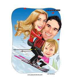 Linda caricatura digital quadro, banner, rostos delicados  normais família skiando alpes, aspen, Whistler, felizes juntos pai mãe filha 1 ski  montanha, loira bonita montada marido
