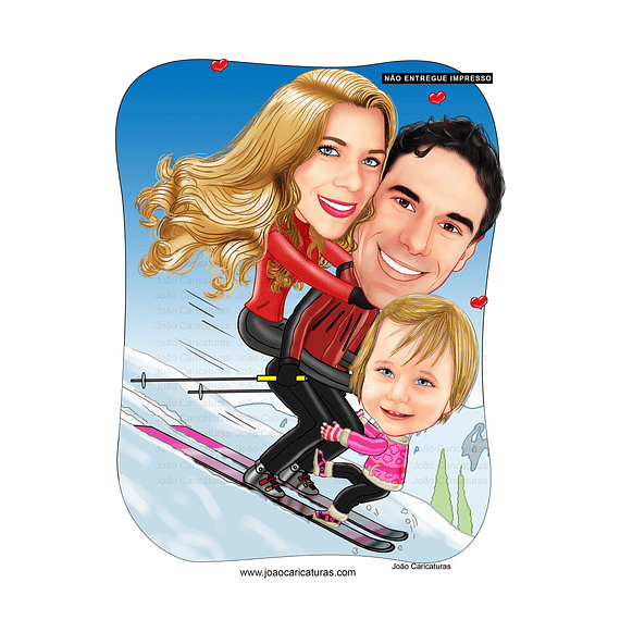 Linda caricatura digital quadro, banner, rostos delicados  normais família skiando alpes, aspen, Whistler, felizes juntos pai mãe filha 1 ski  montanha, loira bonita montada marido