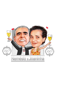 Caricatura comemoração  bodas de um casal jovial 10 20 25 30 40 50 60 anos de amor. corinthians time amado  ela vestido lindo e os dois brindando a data de aniversário de casamento