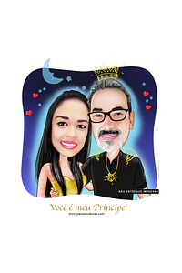 Linda caricatura digital de casal namorados namoro abraçados aniversário festa presente luar príncipe juntinhos crush moderna realista, caprichada rosto normal natura traços perfeitos idênticos, praia