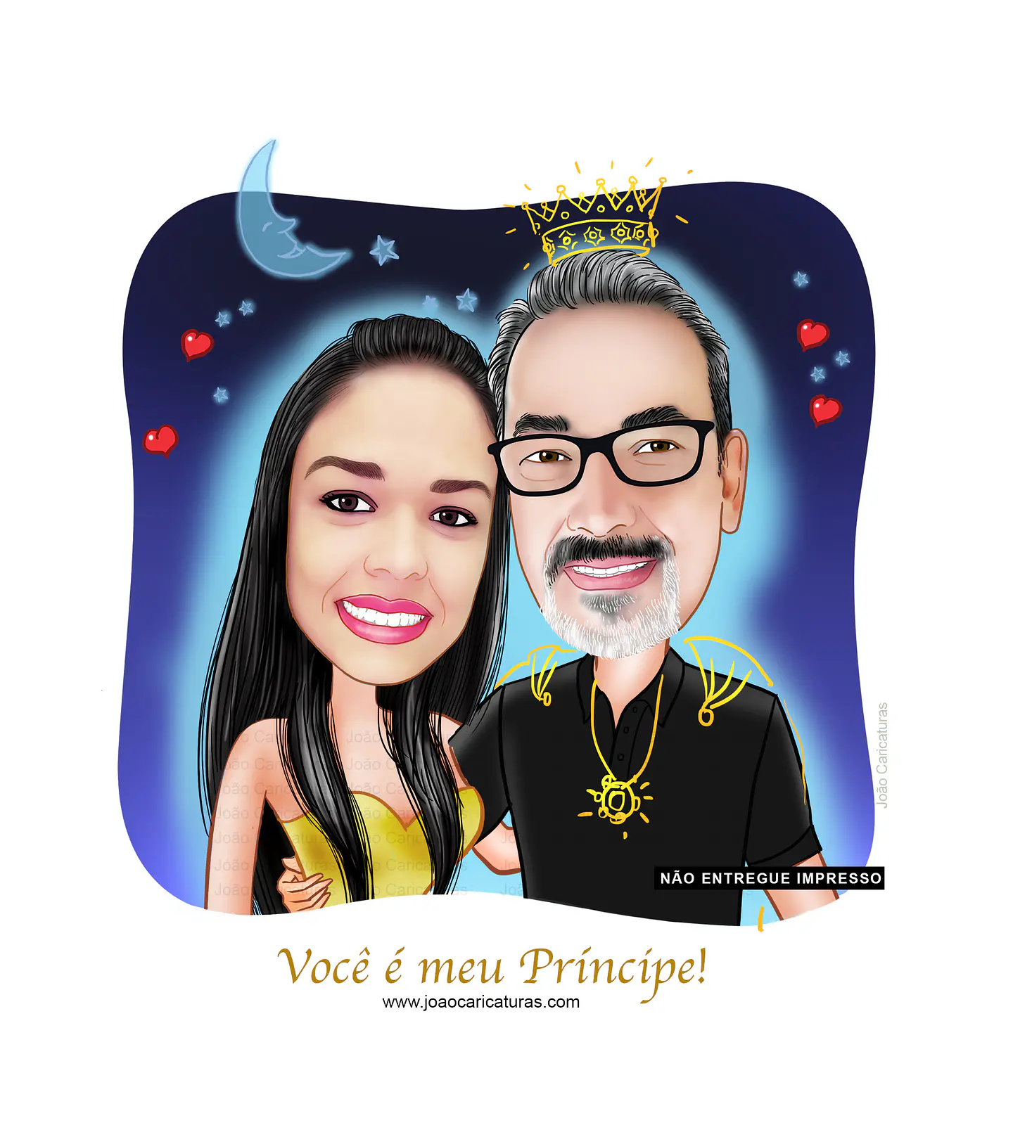 Linda caricatura digital de casal namorados namoro abraçados aniversário festa presente luar príncipe juntinhos crush moderna realista, caprichada rosto normal natura traços perfeitos idênticos, praia 2